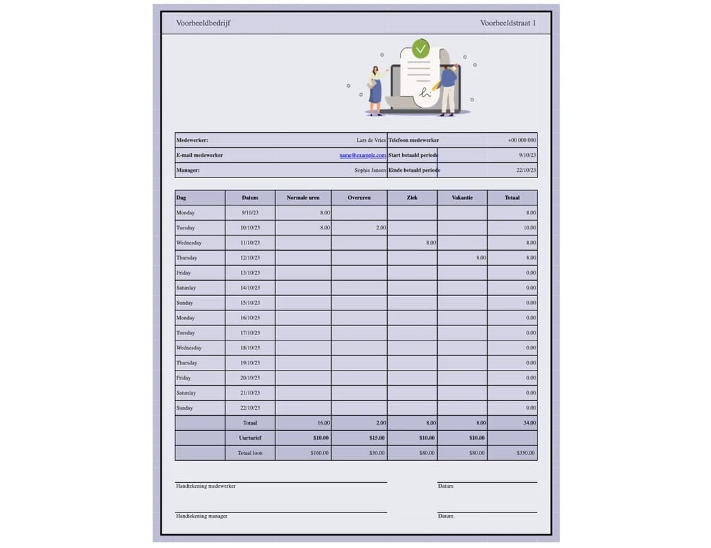 Voorbeeld van de tweewekelijkse urenstaat Excel template