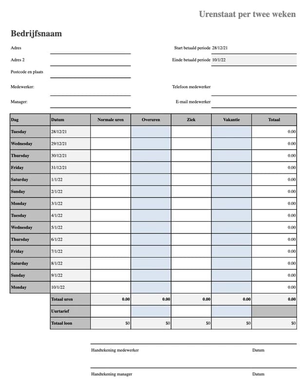 Voorbeeld van de Excel urenstaat met ziekte en verlof