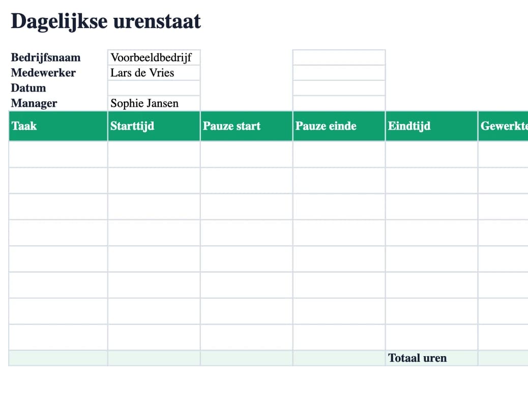 Excel-preview: Dagelijkse urenstaat