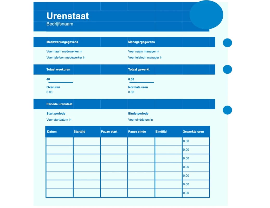 Voorbeeld van een eenvoudige tijdregistratie Excel template