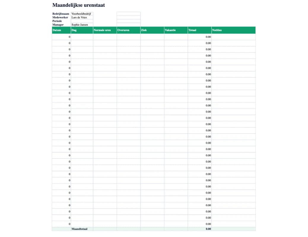 Excel-preview: Maandelijkse urenstaat