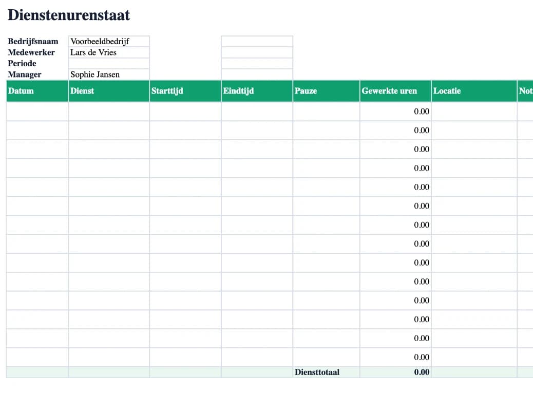 Excel-preview: Dienstenurenstaat
