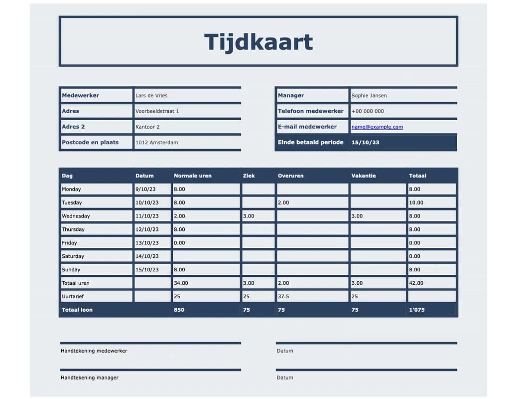 Voorbeeld van de tijdkaart Excel template voor in- en uitklokken