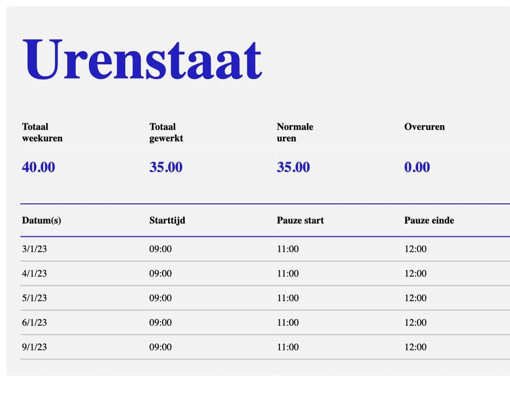 Voorbeeld van de wekelijkse urenstaat Excel template